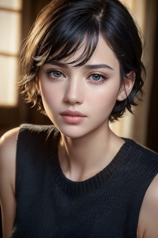 (masterpiece:1.3), (8K, realistic, RAW photo, highest quality: 1.4), (1 girl), beautiful face, (realistic face), (black hair, short hair:1.3), beautiful hairstyle, realistic eyes, beautiful and fine eyes, (realistic skin), beautiful skin, (Navy blue sleeveless sweater), disorganized, Charm, ultra high resolution, surreal, very detailed, golden ratio, dark, rim lighting