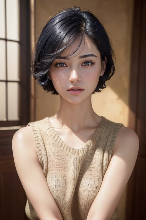 (masterpiece:1.3), (8K, realistic, RAW photo, highest quality: 1.4), (1 girl), beautiful face, (realistic face), (black hair, short hair:1.3), beautiful hairstyle, realistic eyes, beautiful and fine eyes, (realistic skin), beautiful skin, (Navy blue sleeveless sweater), disorganized, Charm, ultra high resolution, surreal, very detailed, golden ratio, dark, rim lighting