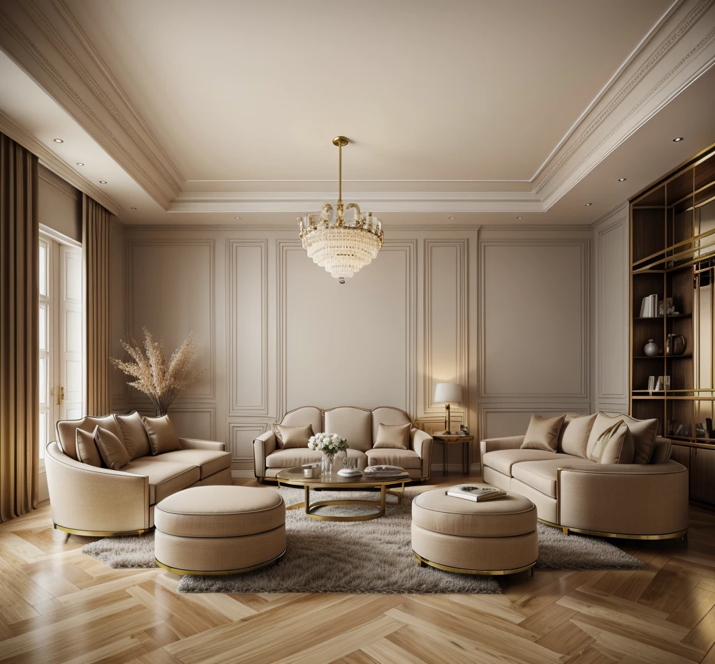 (((neoclassical-style livingroom ))), a brown wooden floor, cream-colored curtains, a white door, and super sharp photos that exude elegance.