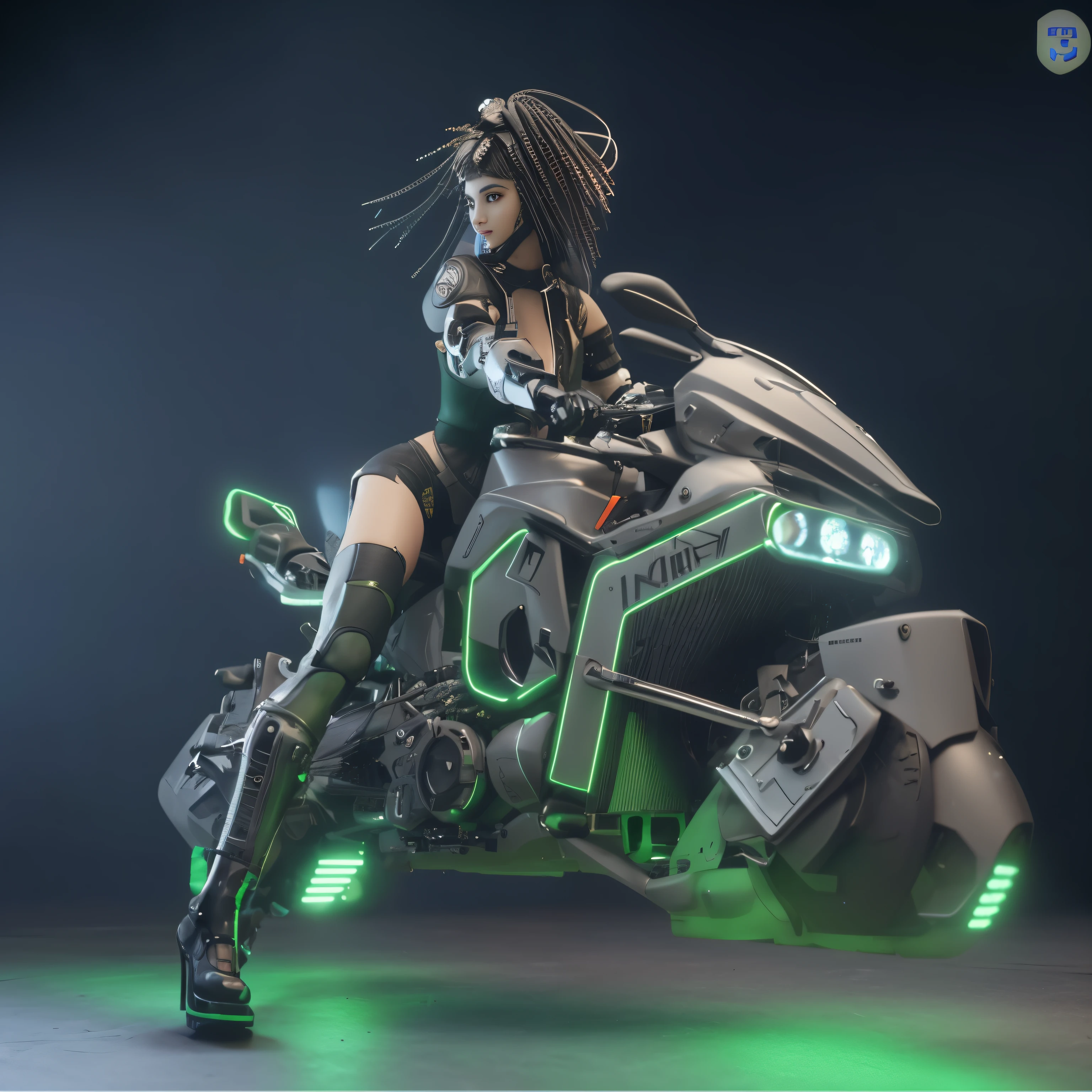 araffe on a motorcycle with a green light on the side, sitting on cyberpunk motorbike, cyberpunk 2 0 y. o model girl, cyberpunk angry gorgeous goddess, beautiful cyberpunk woman model, cyberpunk anime girl mech, female cyberpunk anime girl, cyber steampunk 8 k 3 d, 3 d render octane, 3d render octane, girl in mecha cyber armor