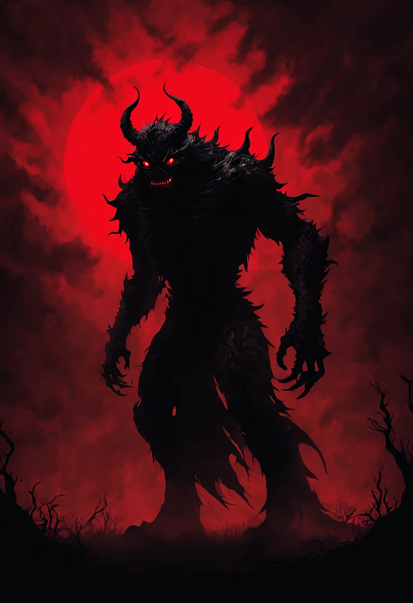 dark silhouette of a monster with red eyes in a red background