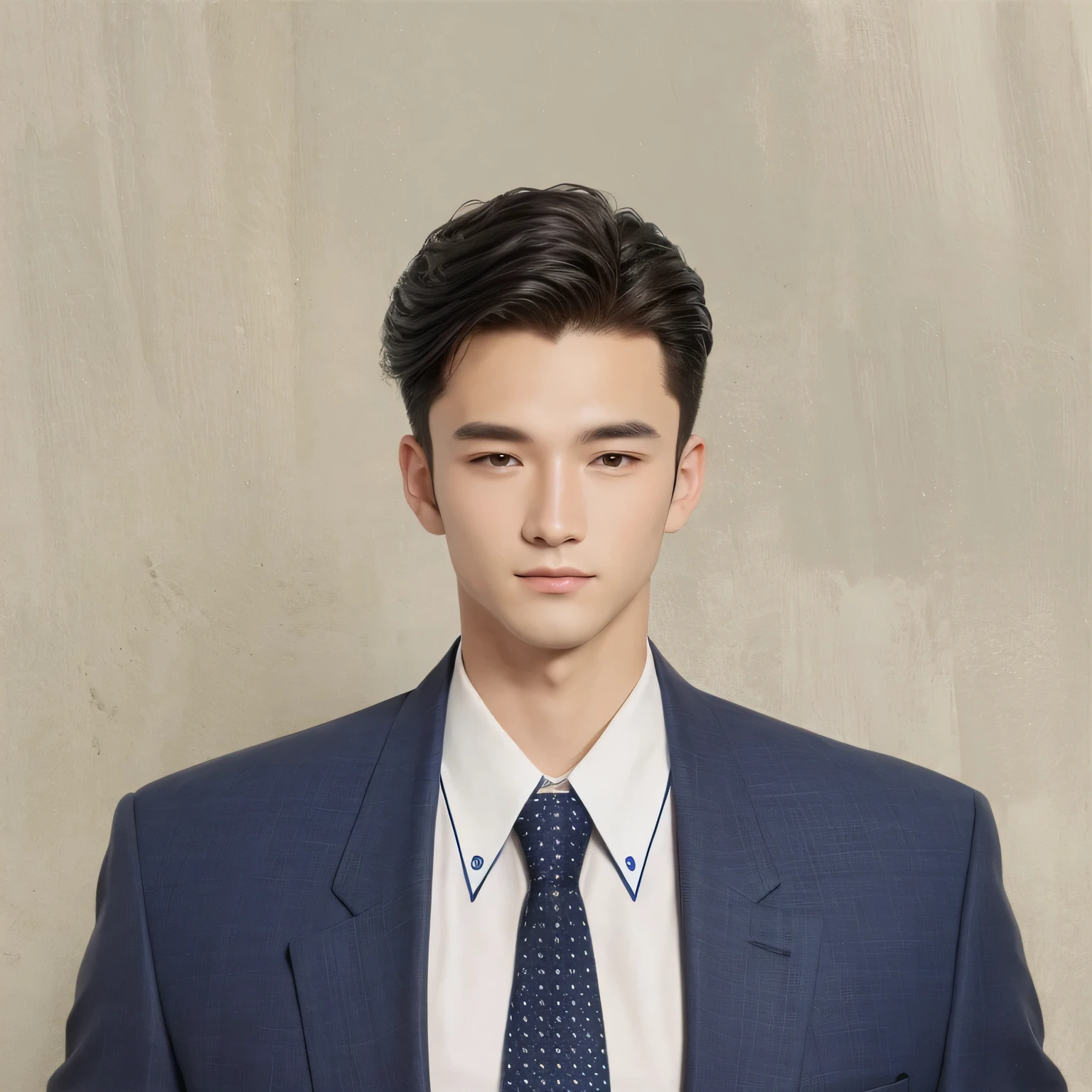 a man in a dark blue suit and dark blue checked tie, in an anime style