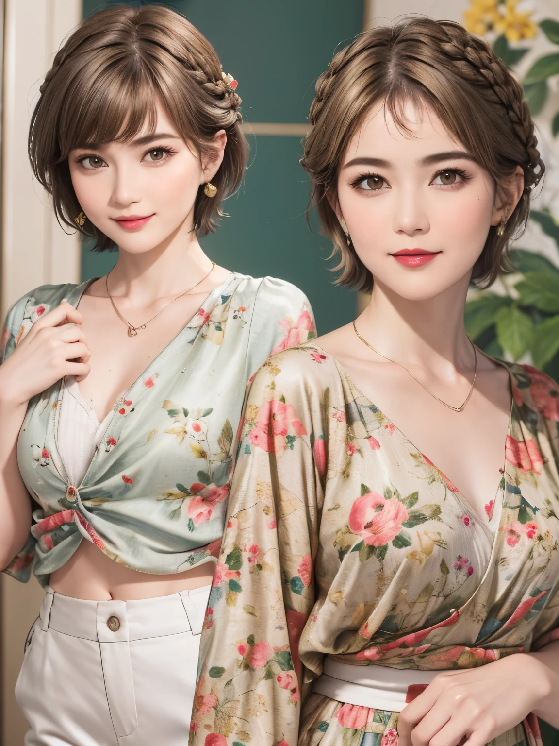 149
(20 year old woman,floral print outfit,pants), (Super realistic), (high resolution), ((beautiful hairstyle 46)), ((short hair:1.46)), (gentle smile), (brest:1.1), (lipstick)
