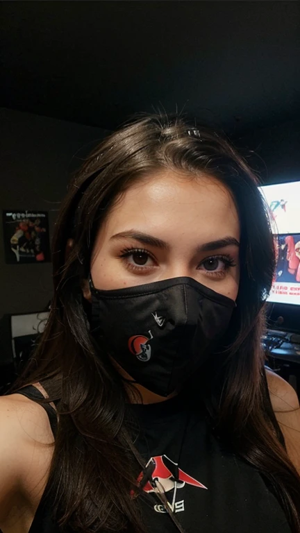 You make me the same woman as to upload an Instagram post of a famous stremer girl with a super gamer room with a plain black mask taking sexy selfies