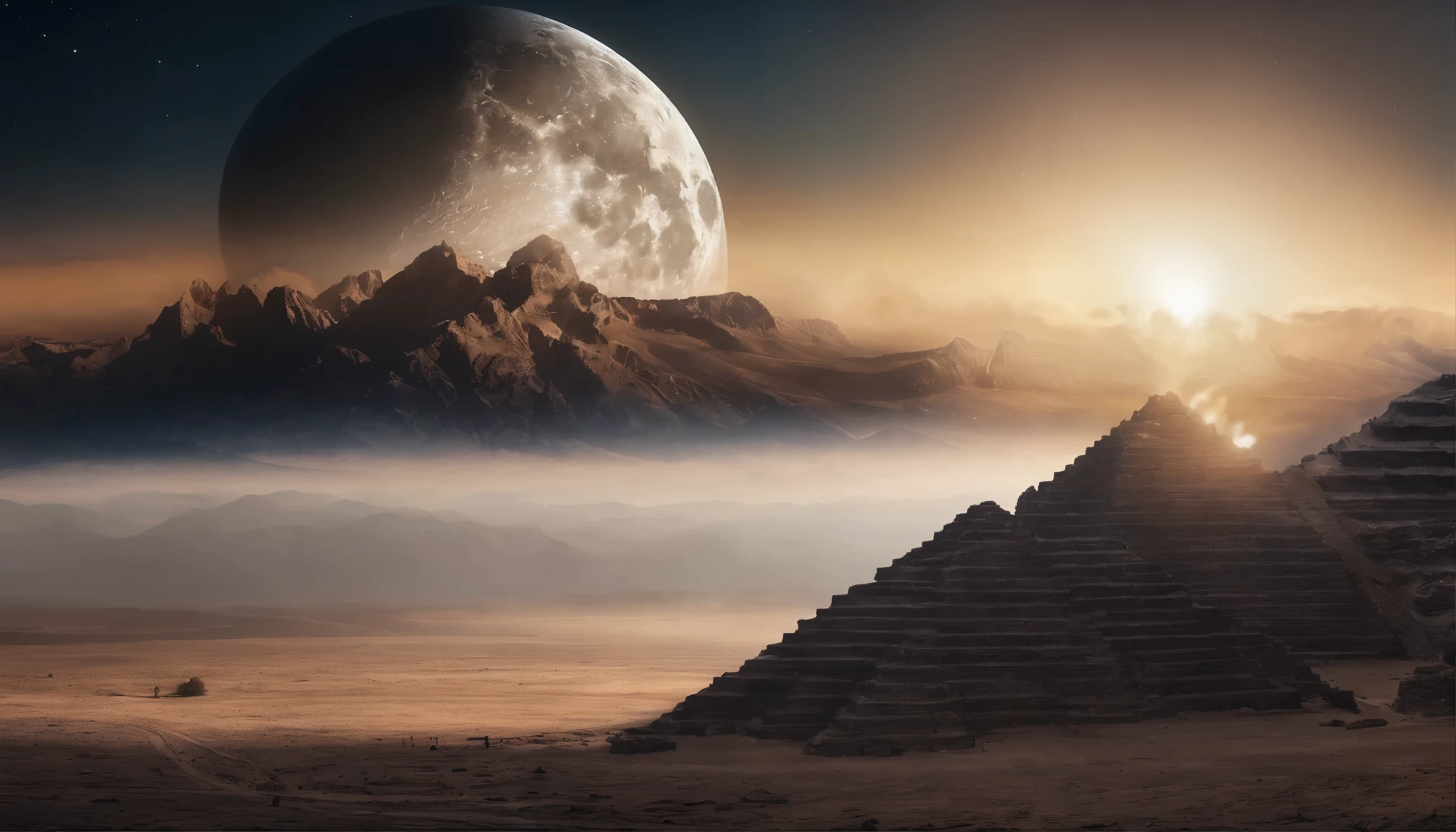 Main items、upscale、Superior image quality、8K quality、Beautiful starry sky pictures、Gorgeous、Lunar surface, space photo, on the moon, moon background, moon background, on the moon, Lunar soil, space photo, moonscape, Focus on the Moon, on the moon, countless craters, 从Lunar surface看地球:1.9, big earth in sky:1.9, Deep blue universe:1.9，月球上的pyramid，pyramid，月球上的City，City，pyramid，