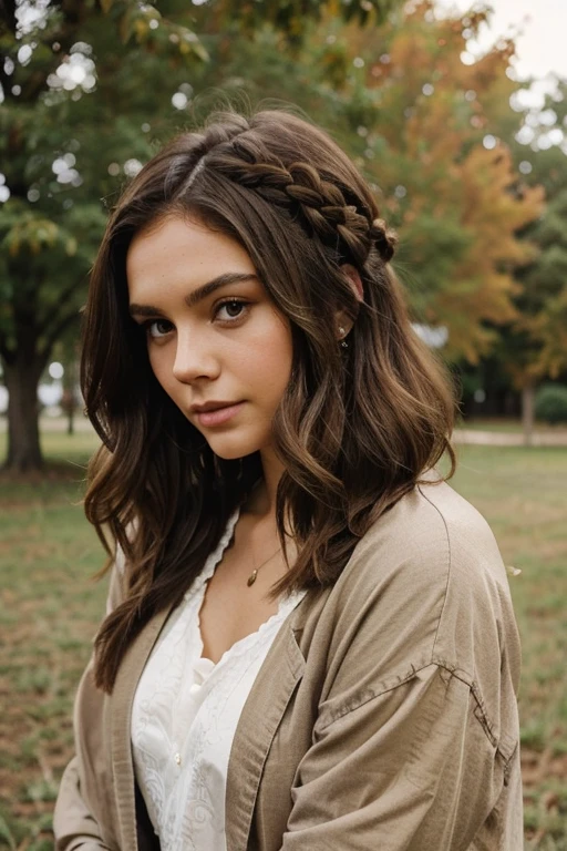 21year old, brunette hair, parted hair style, wearing earthy outfit, 