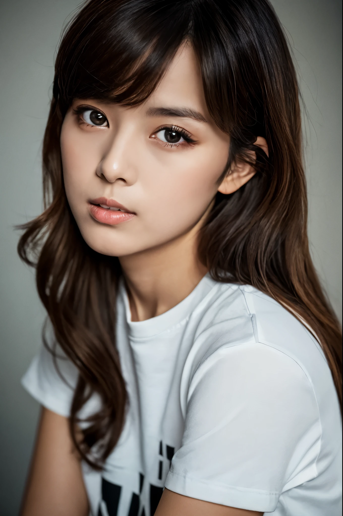 A skinny Japanese lady, long wavy hair, wearing (long T-shirt:1.3), sitting in a dark room. The walls are painted in soft white. Realistic, Photorealistic, High quality, RAW photograph, detailed background, highly detailed, sharp focus, high resolution, 8k, uhd, dslr, realistic eyes, perfect eyes,