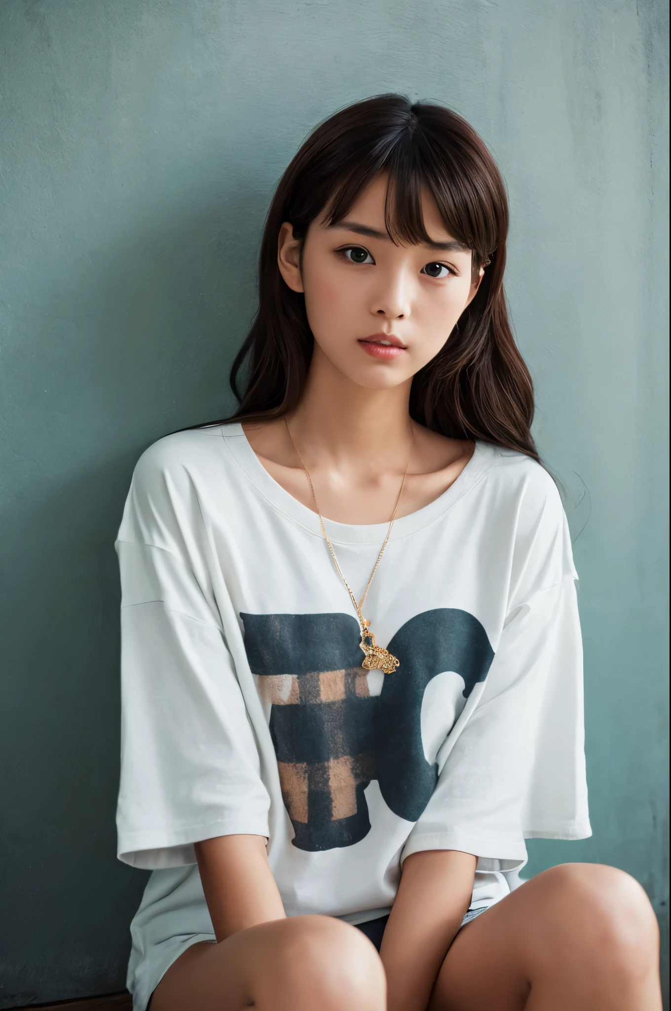 A skinny Japanese lady, long wavy hair, wearing (long T-shirt:1.3), sitting in a dark room. The walls are painted in soft white. Realistic, Photorealistic, High quality, RAW photograph, detailed background, highly detailed, sharp focus, high resolution, 8k, uhd, dslr, realistic eyes, perfect eyes,