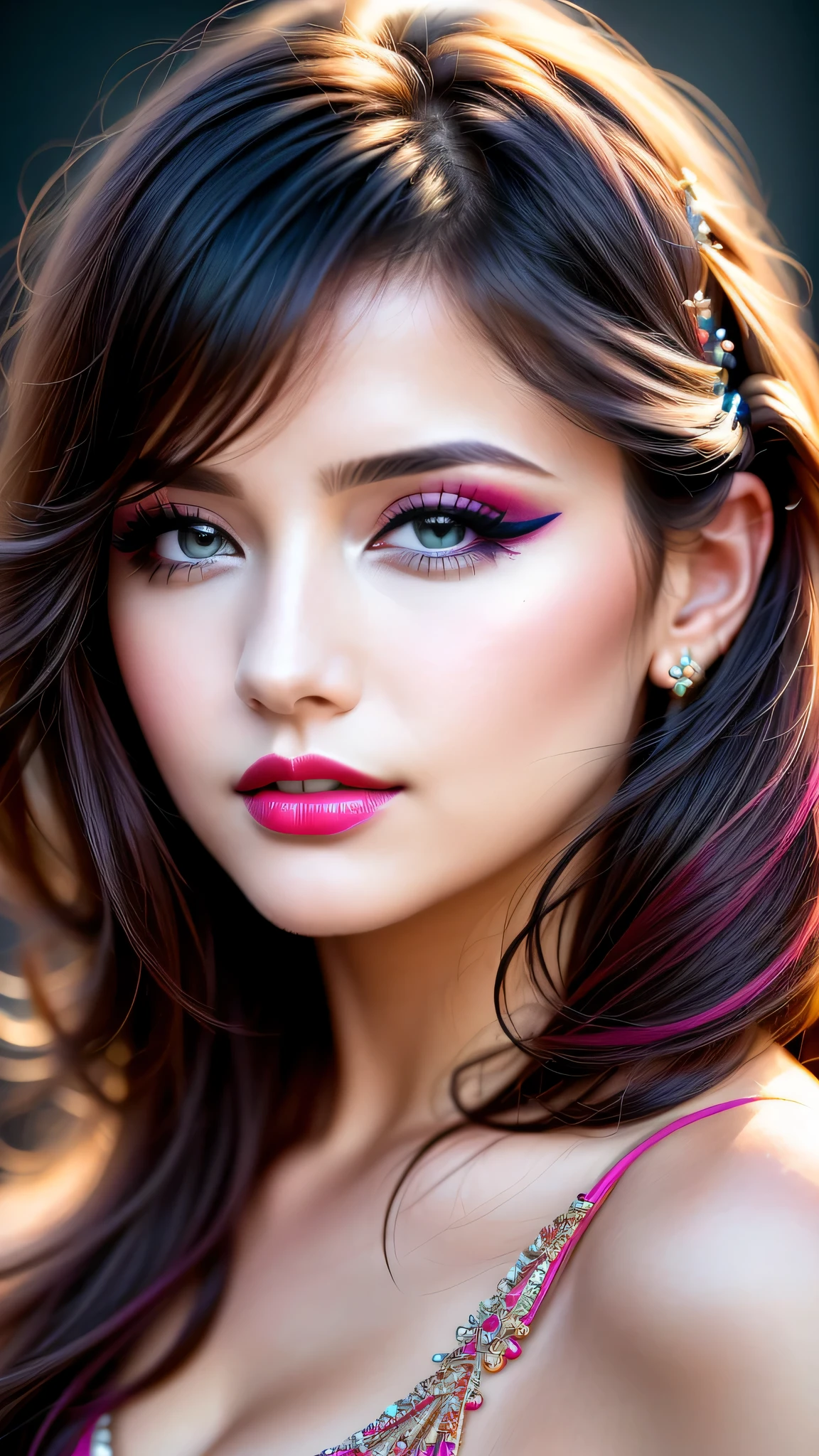 Ultra-realistic、 ultra-detailed primetime photo、 最high quality、 8K、highest level、 The ultra -The high-definition、(Super beautiful)、(beautiful face:1.5)、(detailed face:1.5)、(detailed eyes:1.2)、(detailed lip:1.2)、(Detailed nose:1.2)、((cleavage))、(Use any technique, any style, any random outfit ,choose the color of your eyes, hair and even hairstyles)、(I encourage you to choose a subdued and perfectly coordinated background for your phenomenal, diverse random creation)、(Use any technique of combining materials, natural, artificial, (light, heavy, airy), metals, elements and fantasy magic, any style, any outfit, choose eyes color, ((hair is a different color than eyes)), dynamic random fancy, professional hairstyles)、 1girl:1.4 22years old、fashion supermodel、real:1.66、photorealistic:1.66、(very delicate and beautiful、fine details:1.3)、masterpiece、 最high quality、 (high quality)、 (absurdres)、 (sharp fous)、(Glamour, paparazzi taking pictures of her)、 contrast、 (dark shot:1.07)、 Long 2blue_eyelashes:1.22、 (dark_eyeshadows:1.3)、 red_lipstick:1.45、((perfect round eyes))、 (dark_pink_makeup:1.24)、(matte skin:1.3)、 (((half body shot)))