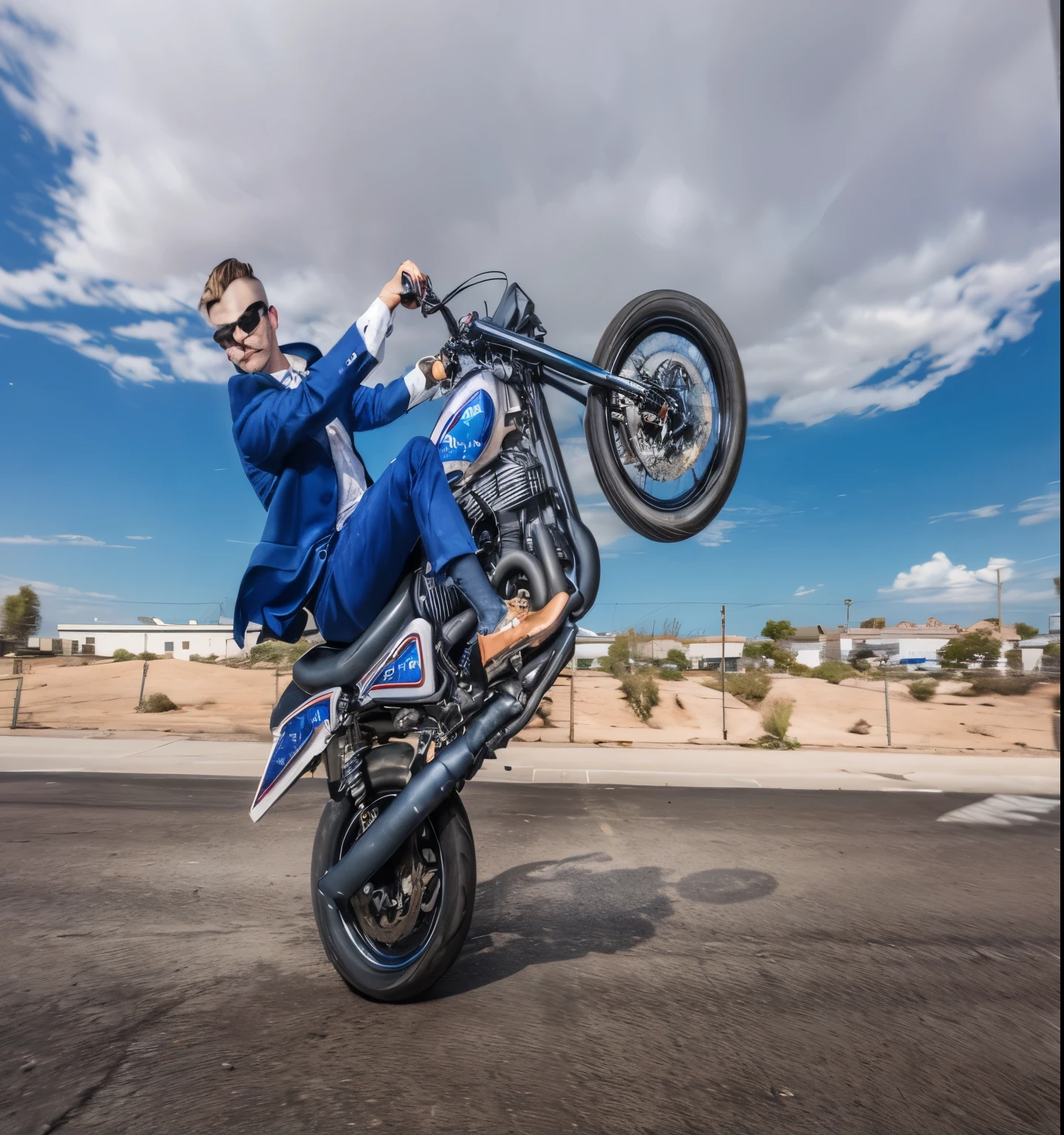 there is a man riding a motorcycle on a street with a sky background, by Matt Cavotta, by Gavin Nolan, by Jason Benjamin, by Drew Tucker, by Seb McKinnon, by Kyle Lambert, wheelie, riding steampunk motorcycle, by Juan O'Gorman, riding a futuristic motorcycle, by James Warhola, hero shot, portrait shot, mid shot portrait