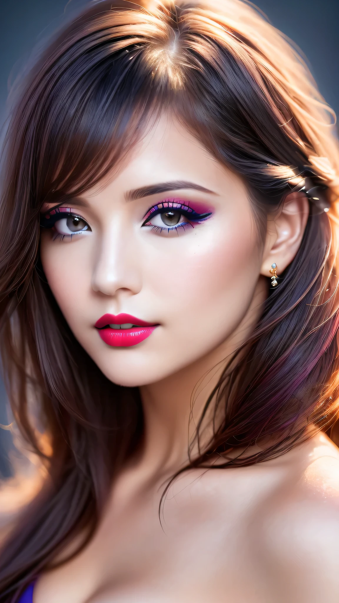 Ultra-realistic、 ultra-detailed primetime photo、 最high quality、 8K、highest level、 The ultra -The high-definition、(Super beautiful)、(beautiful face:1.5)、(detailed face:1.5)、(detailed eyes:1.2)、(detailed lip:1.2)、(Detailed nose:1.2)、((cleavage))、(Use any technique, any style, any random outfit ,choose the color of your eyes, hair and even hairstyles)、(I encourage you to choose a subdued and perfectly coordinated background for your phenomenal, diverse random creation)、(Use any technique of combining materials, natural, artificial, (light, heavy, airy), metals, elements and fantasy magic, any style, any outfit, choose eyes color, ((hair is a different color than eyes)), dynamic random fancy, professional hairstyles)、 1girl:1.4 22years old、fashion supermodel、real:1.66、photorealistic:1.66、(very delicate and beautiful、fine details:1.3)、masterpiece、 最high quality、 (high quality)、 (absurdres)、 (sharp fous)、(Glamour, paparazzi taking pictures of her)、 contrast、 (dark shot:1.07)、 Long 2blue_eyelashes:1.22、 (dark_eyeshadows:1.3)、 red_lipstick:1.45、((perfect round eyes))、 (dark_pink_makeup:1.24)、(matte skin:1.3)、 (((half body shot)))