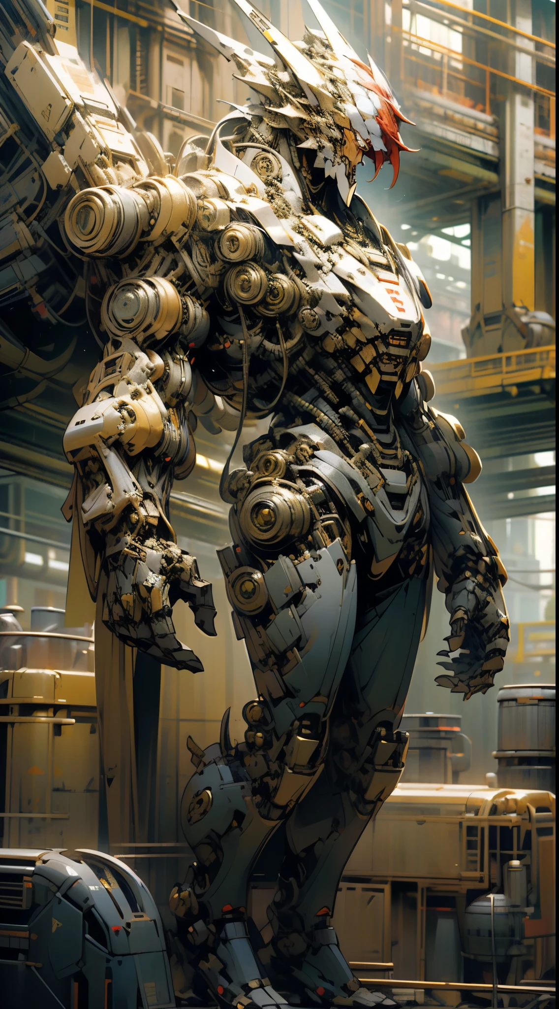 gold高大机甲, gold铠甲, gold, (pots of gold), cyberpunk style, Dragon pattern mecha, huge body, (complex structure), Super detailed details, ruins background, full-body shot, 8k, super clear, ultra high definition, Super realistic, Super real