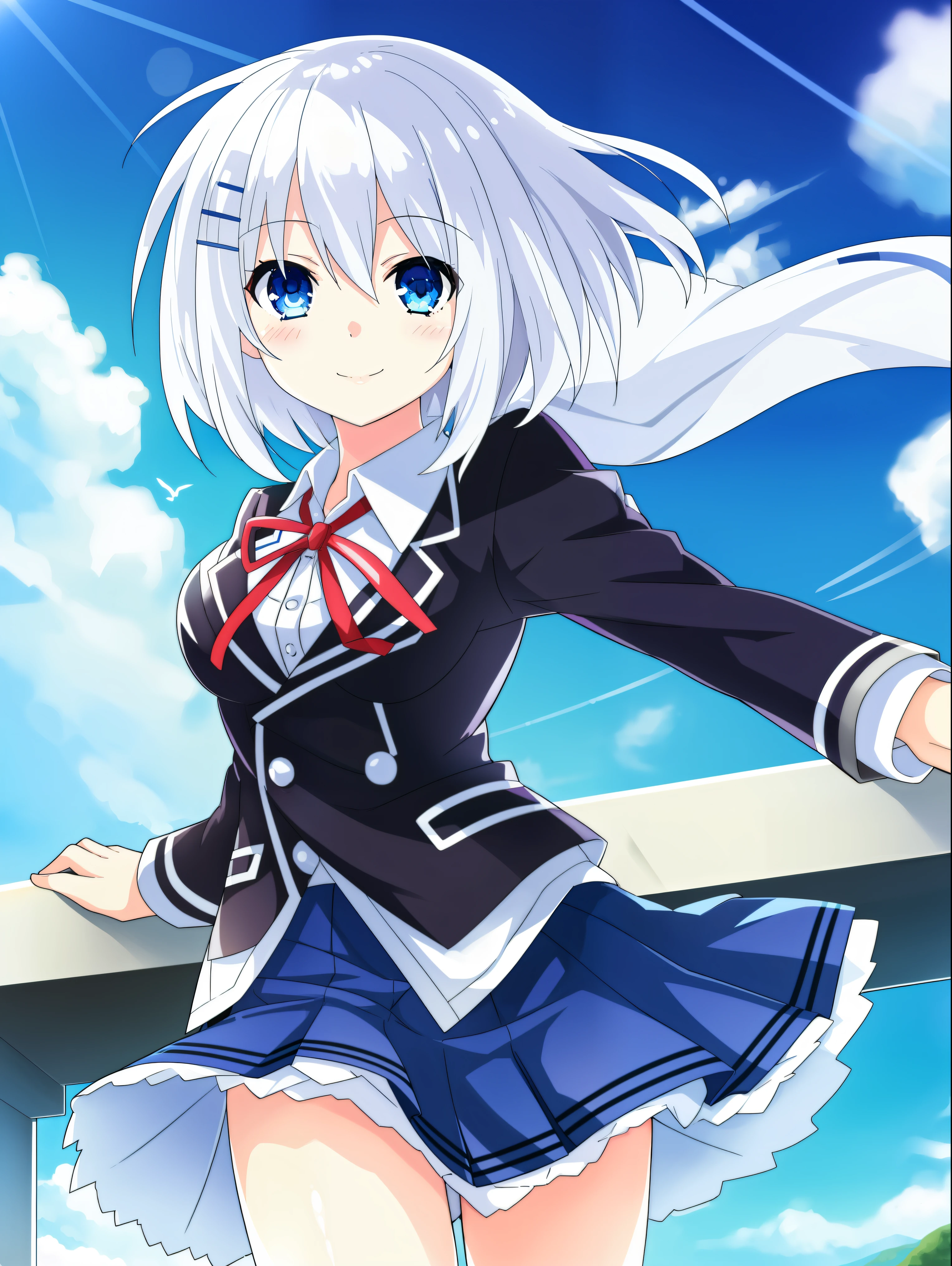 ultra high quality, 1girl, solo, white hair, beautiful girl, light smile, open eyes, detailed eyes, pretty anime girl, school uniform, long hair, morning, wind