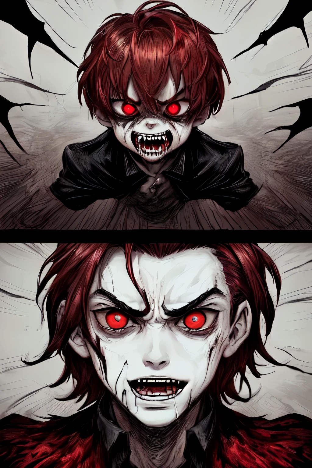 (perfect face）（male）（fear）（Children）（Scarlet pupils）（modern）稚嫩的Children撕开巨茧踏步而出，Dark red short hair and eyebrows，The scarlet pupils bloomed with a frightening fierce light，Strange and handsome