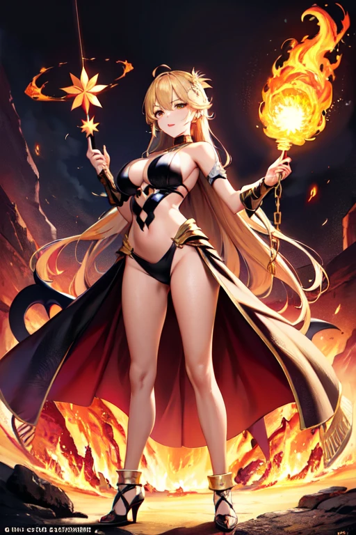 Super beautiful shining eyes、Beautiful demon sorceress casting fire spells、((Holding a long golden magician's wand))、Stand watch the viewer、various burning chains around her、((detailed flawless face)))、Light smile、beautiful countenance、seductive body、tall body、Mature body、BREAK Burning Aura、fireball、orange and yellow spark dazzling around、Little blue phoenix flying in the background、Lava on the ground、 the magma、Sexy Body Blake、detaileds、realisitic、4K highly detailed digital art、octan render、bio luminescent、Concept art in break 8K resolution、真实感、Mappa Studio、masterpiece、top-quality、Official Art、illustratio、Ligne Claire、(cool_color)、perfect-composition、absurderes、Fantasia、focus、thirds rule、