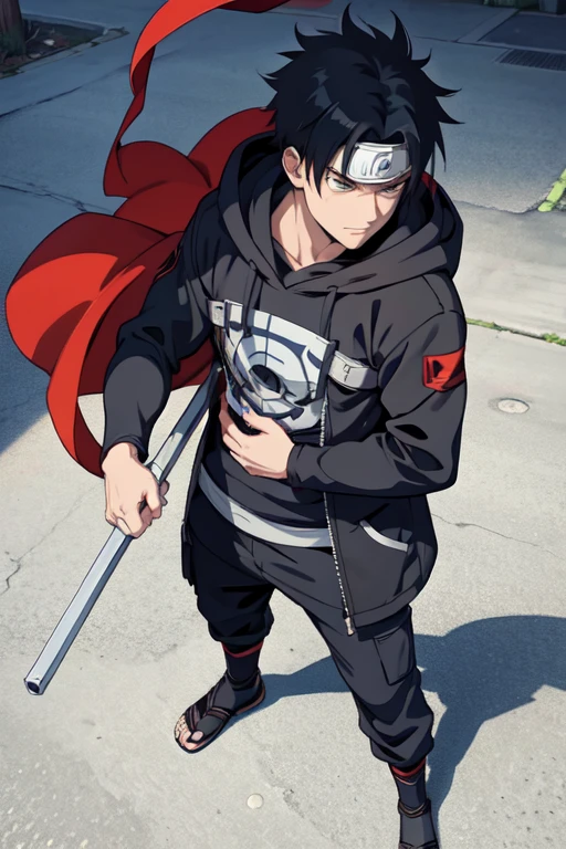 1 guy, solo, masterpiece, best quality, anime, ultra-detailed, 2D full-body character image of Madara and Kakashi from Naruto and Cid from Eminence in the Shadows fusion into one single guy with dark skin and black hair, wearing a hoodie, dark theme.