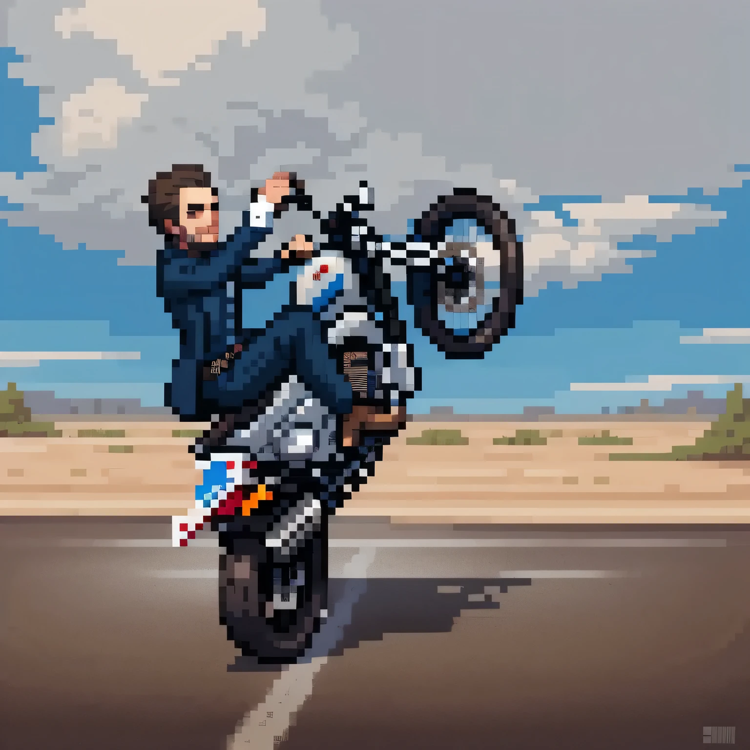 there is a man riding a motorcycle on a street with a sky background, by Matt Cavotta, by Gavin Nolan, by Jason Benjamin, by Drew Tucker, by Seb McKinnon, by Kyle Lambert, wheelie, riding steampunk motorcycle, by Juan O'Gorman, by James Warhola, riding a futuristic motorcycle, hero shot, portrait shot, mid shot portrait