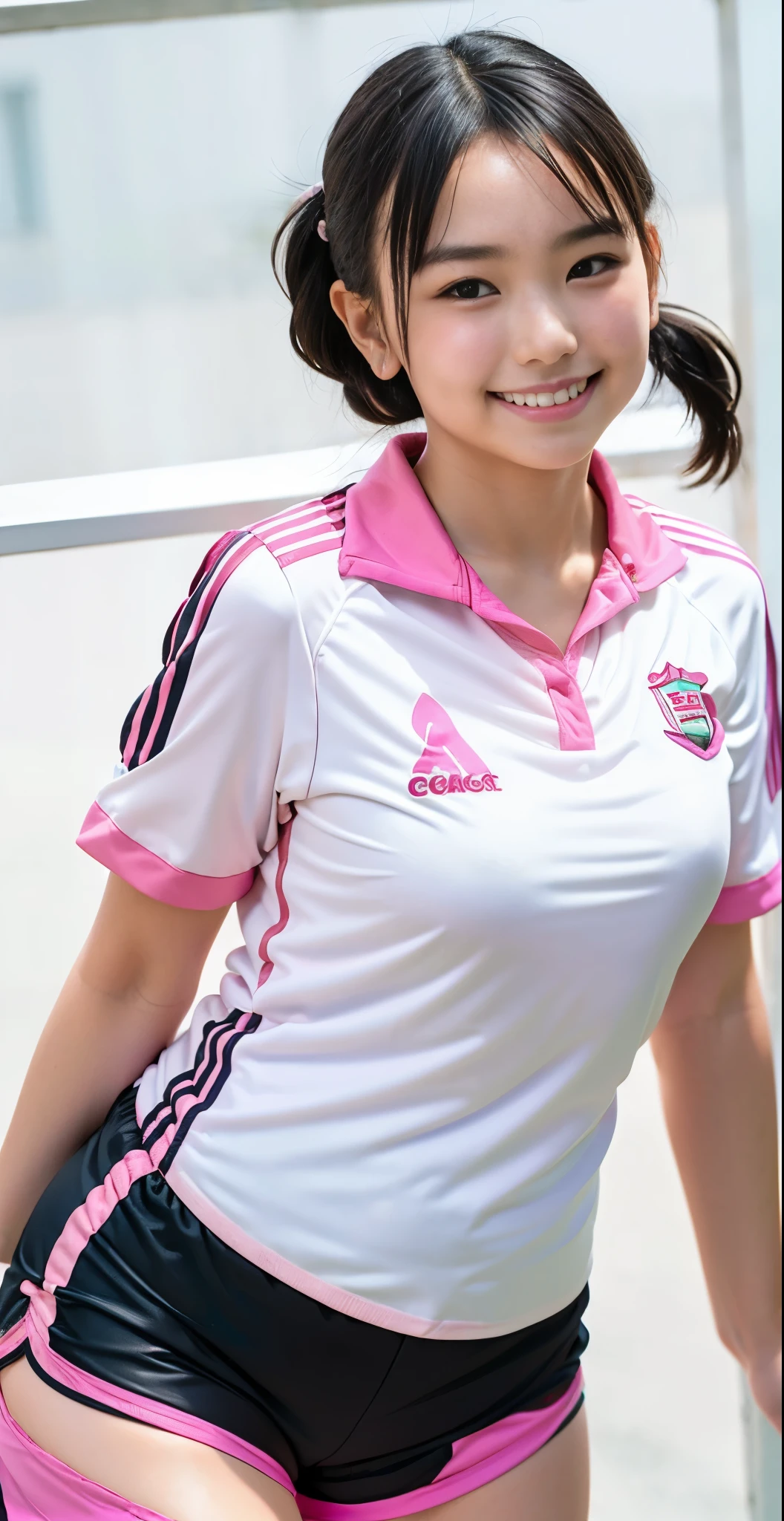 （8K、Raw photography、highest quality、masterpiece：1.2),(black haired、very short hair:1.6),show viewer,Looking at the front,erotic,white skin,(wearing a pink and white soccer uniform:1.6)、(Clothing that emphasizes the shape of your chest、Exposing the skin:1.9)、(Clothes with open chest :1.5)、slim body shape、ultra high resolution,beautiful,beautiful fece,(alone, alone、no background:1.9),whole bodyボディー,japanese woman,（Photoreal：1.37）、photon mapping,reality、(Cute with a *********: 0.3)、(cute smile: 1.7)、(With a round face: 1.8)、radio city、Physically based rendering、depth of field rally background、photograph, (I can see your knees,close up of thighs、pink high leg shorts:1.6),whole body、super fine