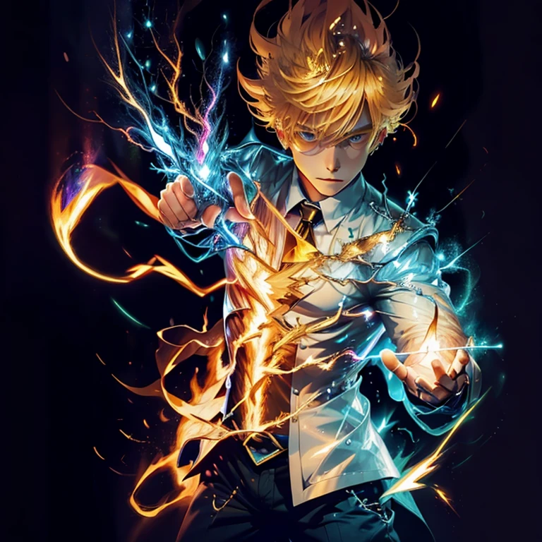 "man with blond hair, body on fire; with a powerful aura and lightning"