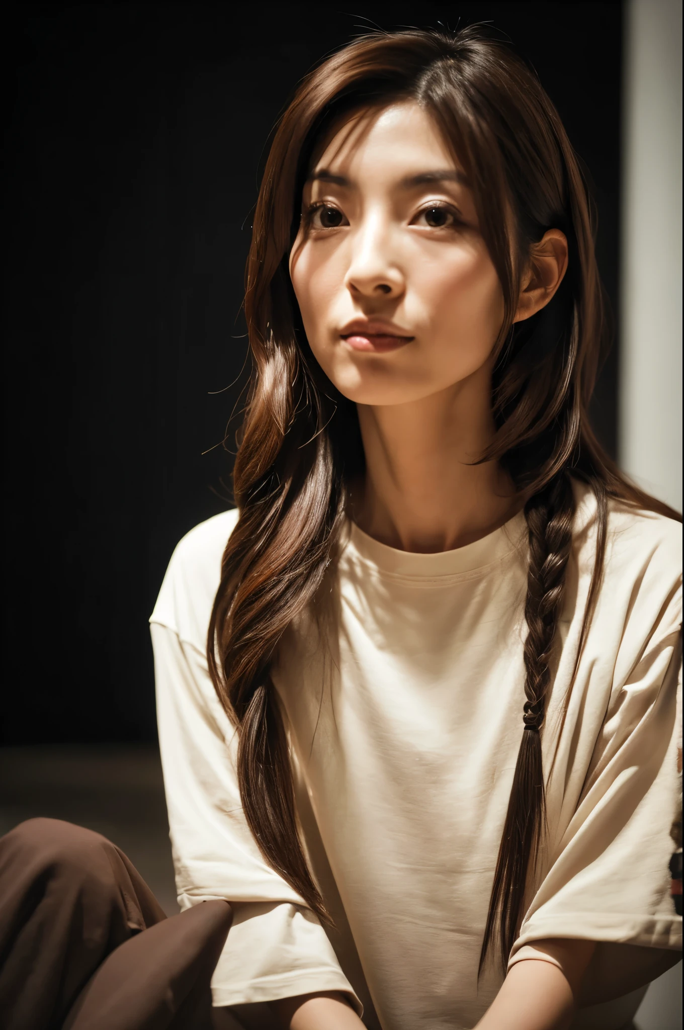 A skinny Japanese lady, long wavy hair, wearing (long T-shirt:1.3), sitting in a dark room. The walls are painted in soft white. Realistic, Photorealistic, High quality, RAW photograph, detailed background, highly detailed, sharp focus, high resolution, 8k, uhd, dslr, realistic eyes, perfect eyes,