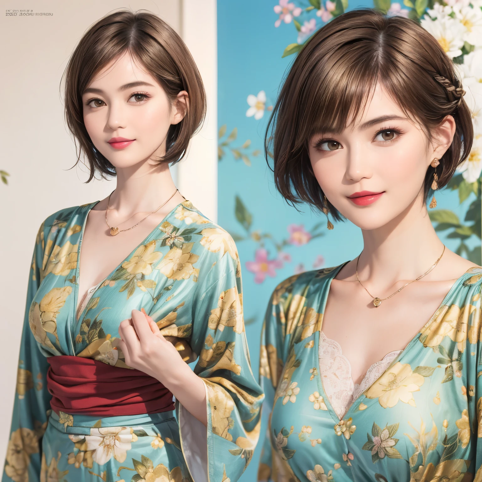 149
(20 year old woman,floral print outfit,pants), (Super realistic), (high resolution), ((beautiful hairstyle 46)), ((short hair:1.46)), (gentle smile), (brest:1.1), (lipstick)