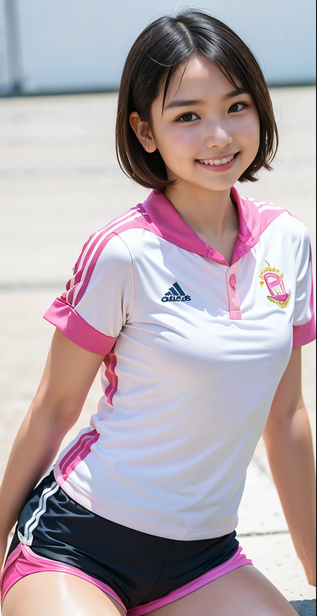 （8K、Raw photography、highest quality、masterpiece：1.2),(black haired、very short hair:1.6),show viewer,Looking at the front,erotic,white skin,(wearing a pink and white soccer uniform:1.6)、(Clothing that emphasizes the shape of your chest、Exposing the skin:1.9)、(Clothes with open chest :1.5)、slim body shape、ultra high resolution,beautiful,beautiful fece,(alone, alone、no background:1.9),whole bodyボディー,japanese woman,（Photoreal：1.37）、photon mapping,reality、(Cute with a baby face: 0.3)、(cute smile: 1.7)、(With a round face: 1.8)、radio city、Physically based rendering、depth of field rally background、photograph, (I can see your knees,close up of thighs、pink high leg shorts:1.6),whole body、super fine