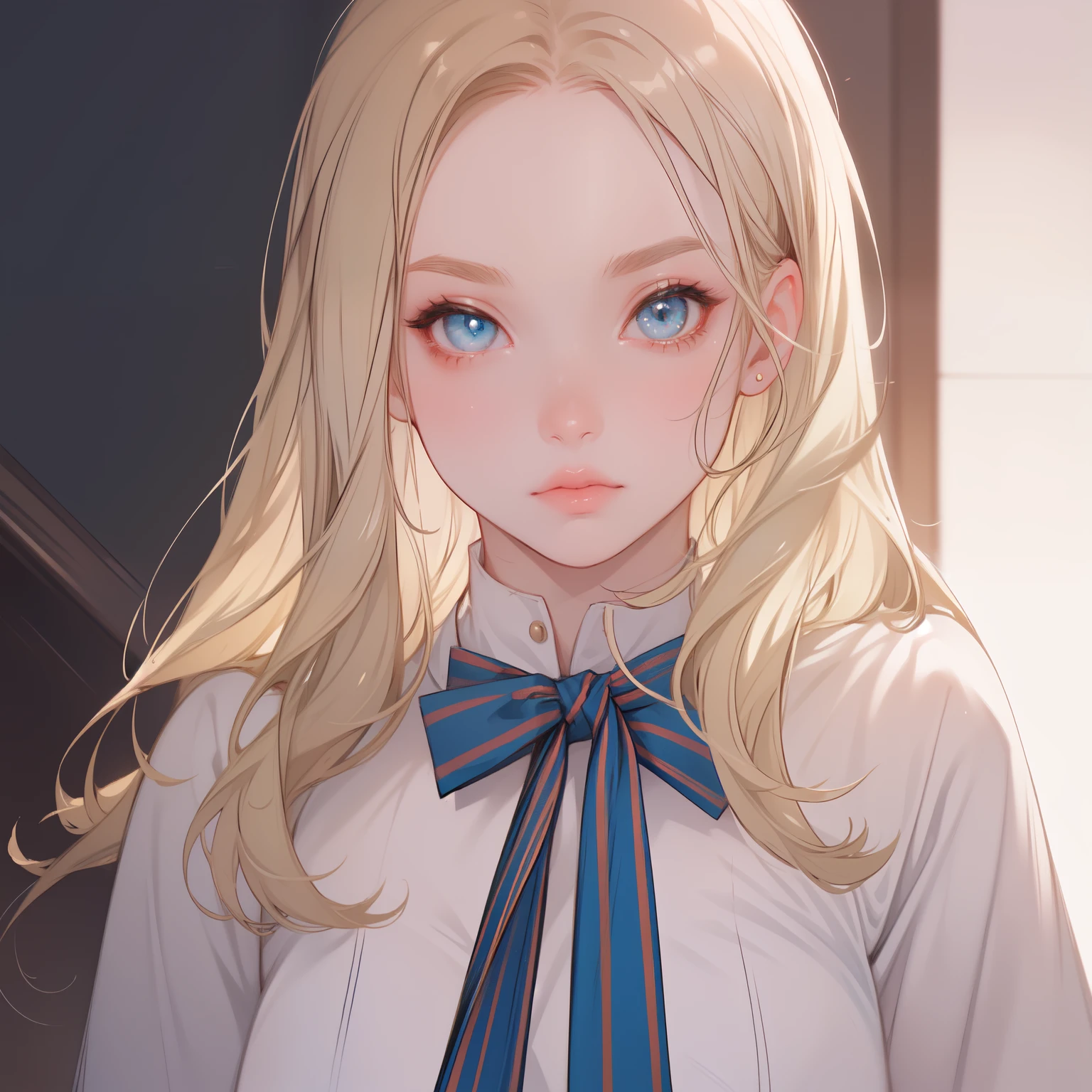 (best quality,4k,8k,highres,masterpiece:1.2),ultra-detailed,(realistic,photorealistic,photo-realistic:1.37),Anime girl (M3gan),(beautiful detailed eyes:1.1,girl,happy:1.1),short bushy eyebrows,(beautiful detailed lips:1.1),open forehead,white pantyhose,fresh color dress,gradient blue eyes,blonde hair,(vivid colors,soft pastel colors:1.2),(portraits,painting),(soft lighting),(blurred background:0.9),kawaii