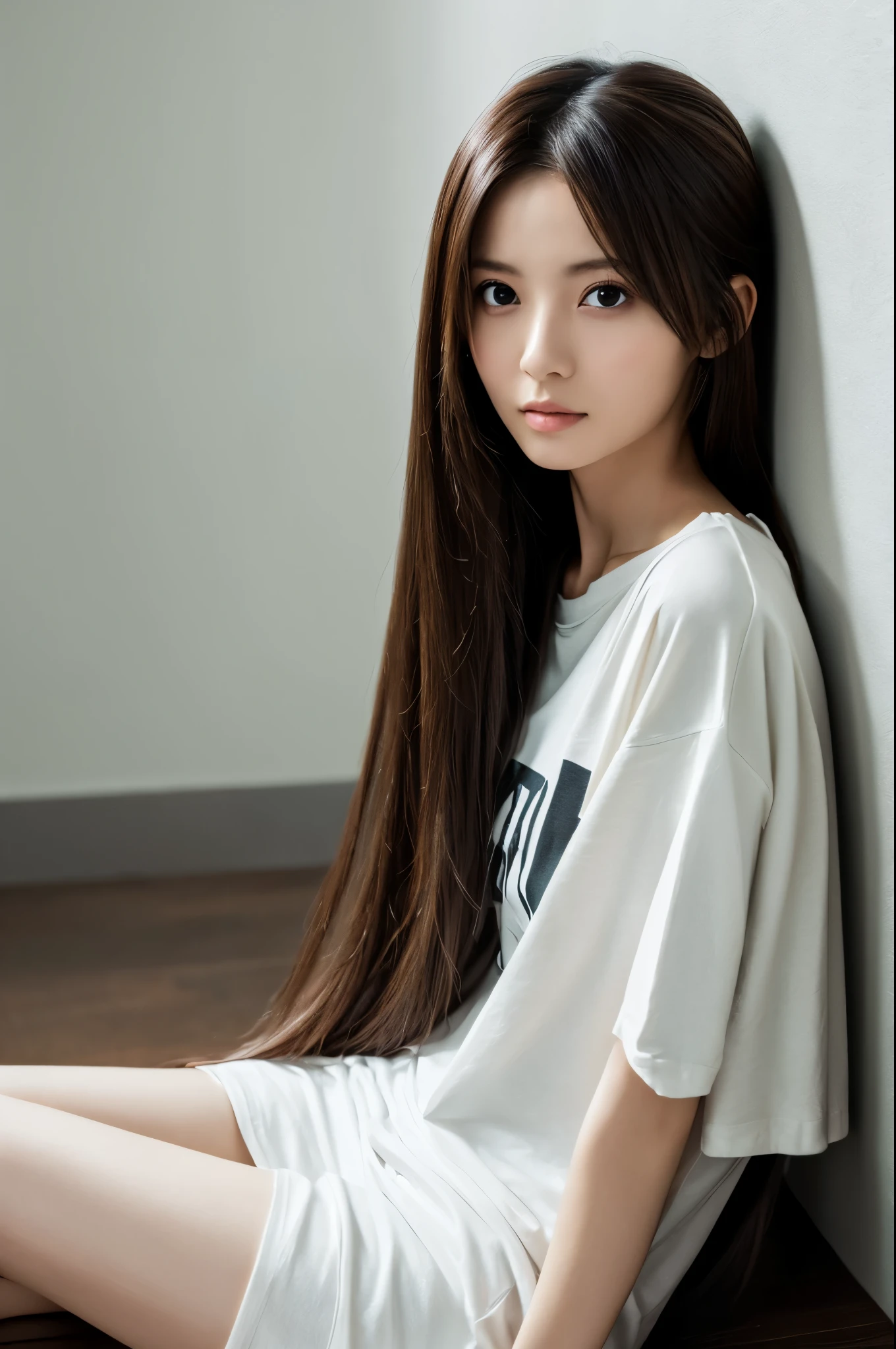 A skinny Japanese lady, long wavy hair, wearing (long T-shirt:1.3), sitting in a dark room. The walls are painted in soft white. Realistic, Photorealistic, High quality, RAW photograph, detailed background, highly detailed, sharp focus, high resolution, 8k, uhd, dslr, realistic eyes, perfect eyes,