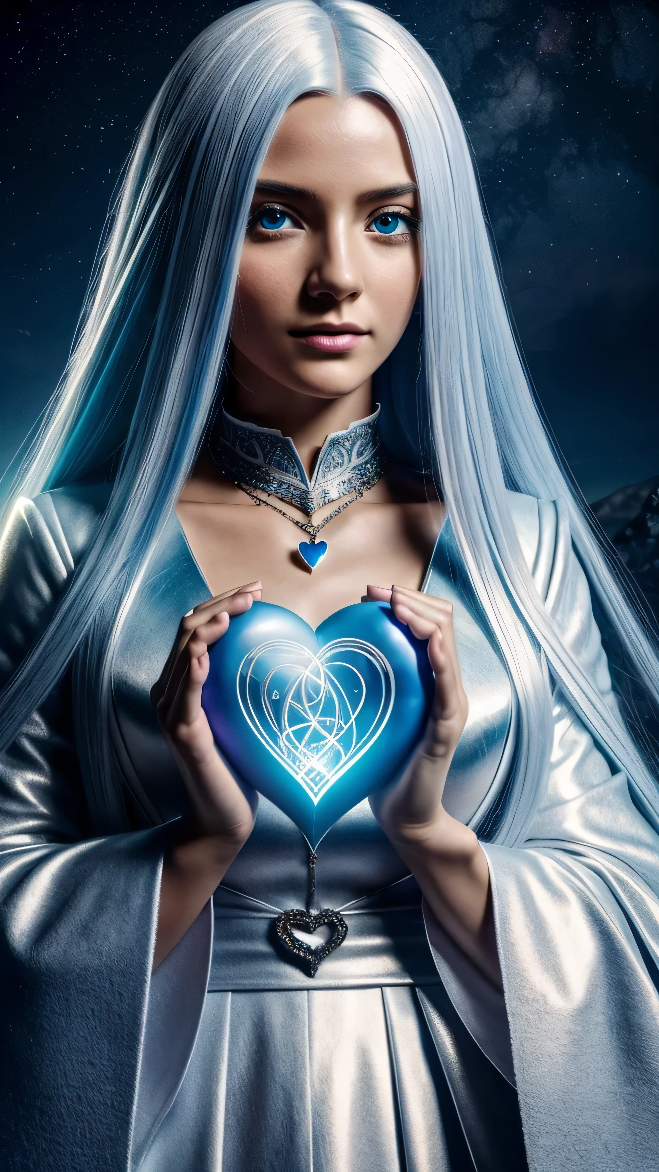 Close-up, high detail, 8K, photorealistic, dazzlingly cute long-haired girl with white hair, Rule of thirds, depth of field, complex parts, Conceptual art, bright colors, futuristic design, Attention to detail, grandeur and awe, A stunning visual masterpiece,kingdom of witchcraft, hard light, ,detailed wool,holding a blue heart in his hands,Magic happens,starry evening and planets are visible in the sky