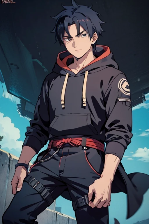 1 guy, solo, masterpiece, best quality, anime, ultra-detailed, 2D full-body character image of Madara and Kakashi from Naruto and Cid from Eminence in the Shadows fusion into one single guy with dark skin and black hair, wearing a hoodie, dark theme with hints of blue, purple, green, and turquoise.