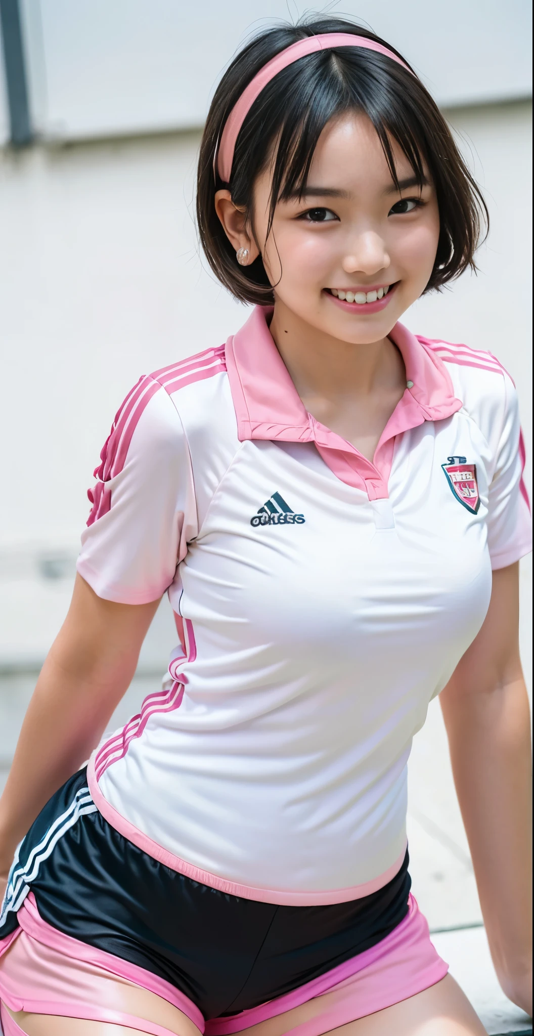 （8K、Raw photography、highest quality、masterpiece：1.2),(black haired、very short hair:1.6),show viewer,Looking at the front,erotic,white skin,(wearing a pink and white soccer uniform:1.6)、(Clothing that emphasizes the shape of your chest、Exposing the skin:1.9)、(Clothes with open chest :1.5)、slim body shape、ultra high resolution,beautiful,beautiful fece,(alone, alone、no background:1.9),whole bodyボディー,japanese woman,（Photoreal：1.37）、photon mapping,reality、(Cute with a baby face: 0.3)、(cute smile: 1.7)、(With a round face: 1.8)、radio city、Physically based rendering、depth of field rally background、photograph, (I can see your knees,close up of thighs、pink high leg shorts:1.6),whole body、super fine