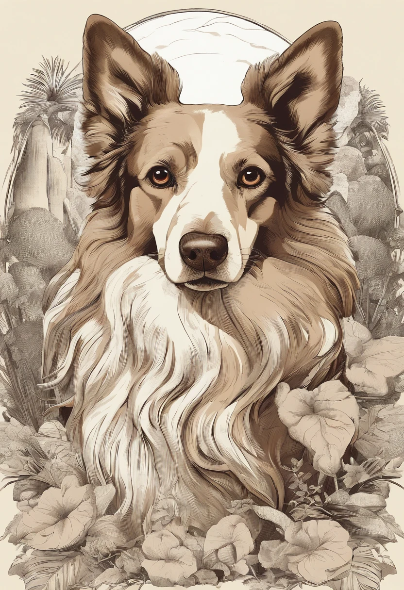 Plants and artistic details form a round frame to house the dog in the center, Popart, arte de rua, Isolated t-shirt design with vector art of a large Poodle dog, cor branca
, look at the desert with curiosity and wonder.  White Collie dog or bitch should be portrayed with a sense of admiration and fascination, cercado pelas maravilhas da natureza. Use cores suaves e sonhadoras para criar uma atmosfera extravagante e encantadora. The design should evoke a sense of wandering desire and encourage viewers to embrace their own adventurous spirit., isolado, sem antecedentes, no estilo 0mib