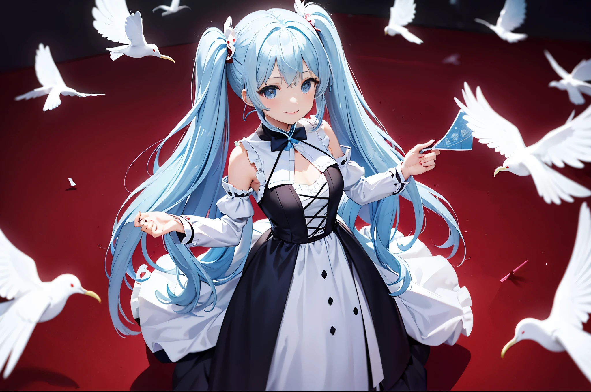 light blue long hair、Beautiful girl with twin tails、adorable smile、black eyes、Red and white long dress、Standing figure、playing cards、white dove flies out