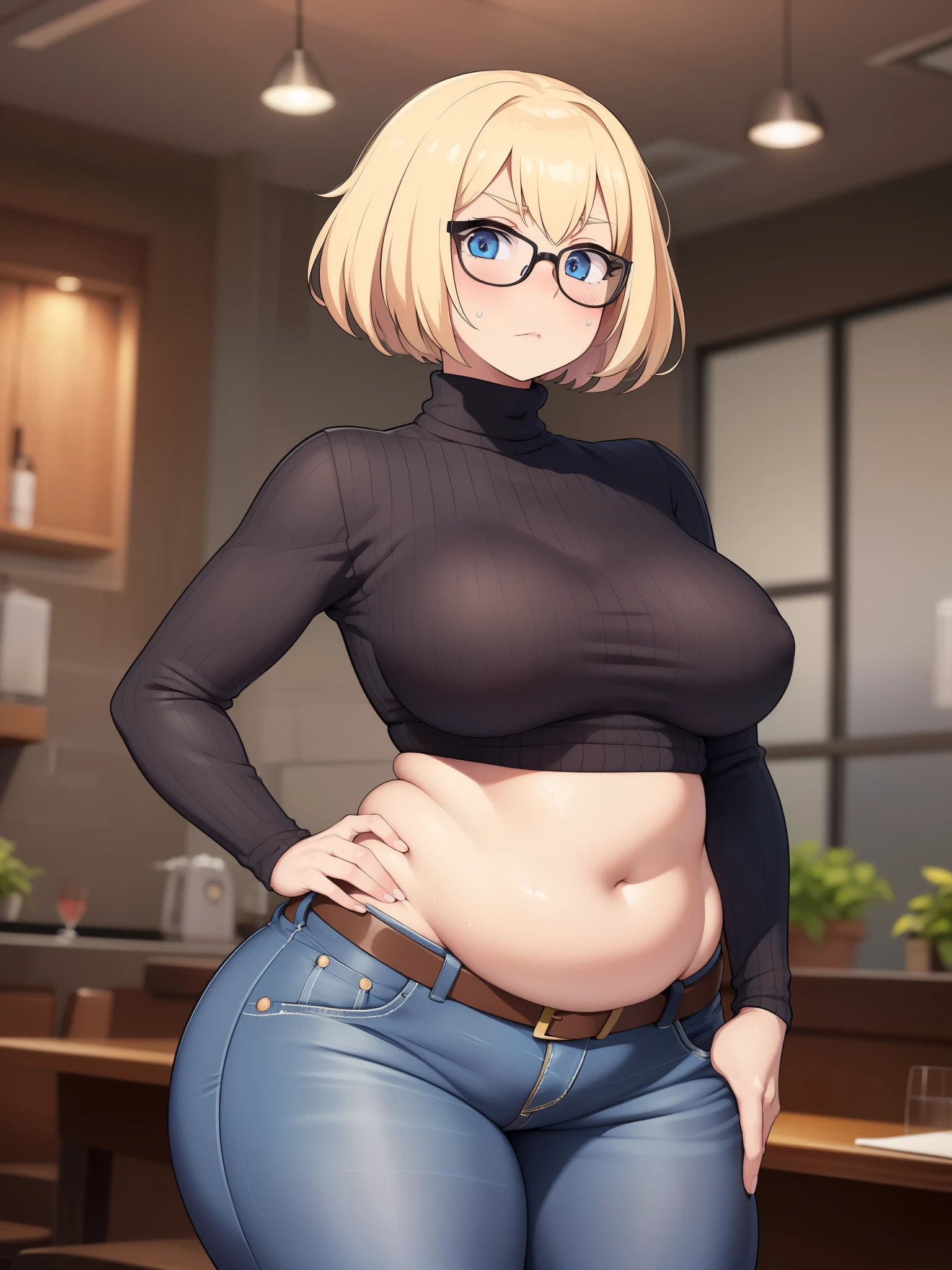 ((Masterpiece)), perfect anatomy, perfect shading, field of depth, (best quality), extremely delicate and beautiful, perfect lighting, detailed face, ultra cute face, cute, (cowboy shot 1.2), full body, (((1girl))), ((solo)), looking at viewer,

short hair, fluffy hair, blonde hair, blue eyes, Glasses, ((blush)), shy, nervous, embarrassed, (black turtleneck sweater 1.5), (jeans 1.2), belt, extremely tight clothes, medium breasts, ((wide hips)), ((thick thighs)), ((chubby)), belly bulge, belly hang, fat folds

coffee shop, intricate background, detailed background, hand on hip, holding coffee cup,