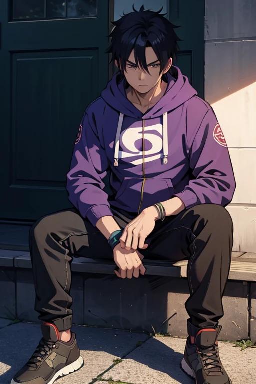 1 guy, dark shin, solo, masterpiece, best quality, anime, ultra-detailed, 2D full-body character image of Madara and Kakashi from Naruto and Cid from Eminence in the Shadows fusion into one single guy with dark skin and black hair, wearing a hoodie, dark theme with hints of blue, purple, green, and turquoise.