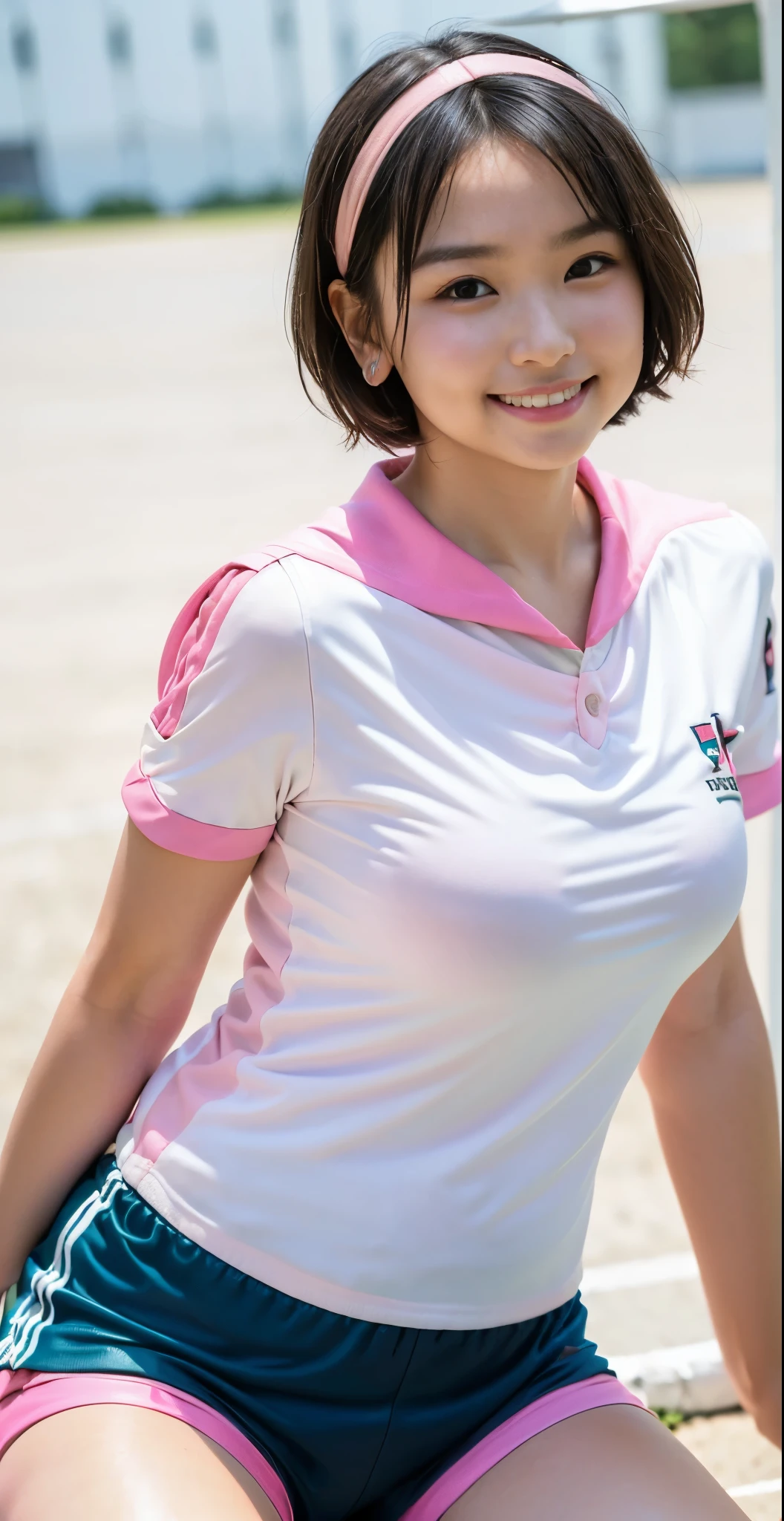 （8K、Raw photography、highest quality、masterpiece：1.2),(black haired、very short hair:1.6),show viewer,Looking at the front,erotic,white skin,(wearing a pink and white soccer uniform:1.6)、(Clothing that emphasizes the shape of your chest、Exposing the skin:1.9)、(big breasts :1.6)、slim body shape、ultra high resolution,beautiful,beautiful fece,(alone, alone、no background:1.9),whole bodyボディー,japanese woman,（Photoreal：1.37）、photon mapping,reality、(Cute with a baby face: 0.3)、(cute smile: 1.7)、(With a round face: 1.8)、radio city、Physically based rendering、depth of field rally background、photograph, (I can see your knees,close up of thighs、Pink high leg short pants that are too short:1.7),whole body、super fine