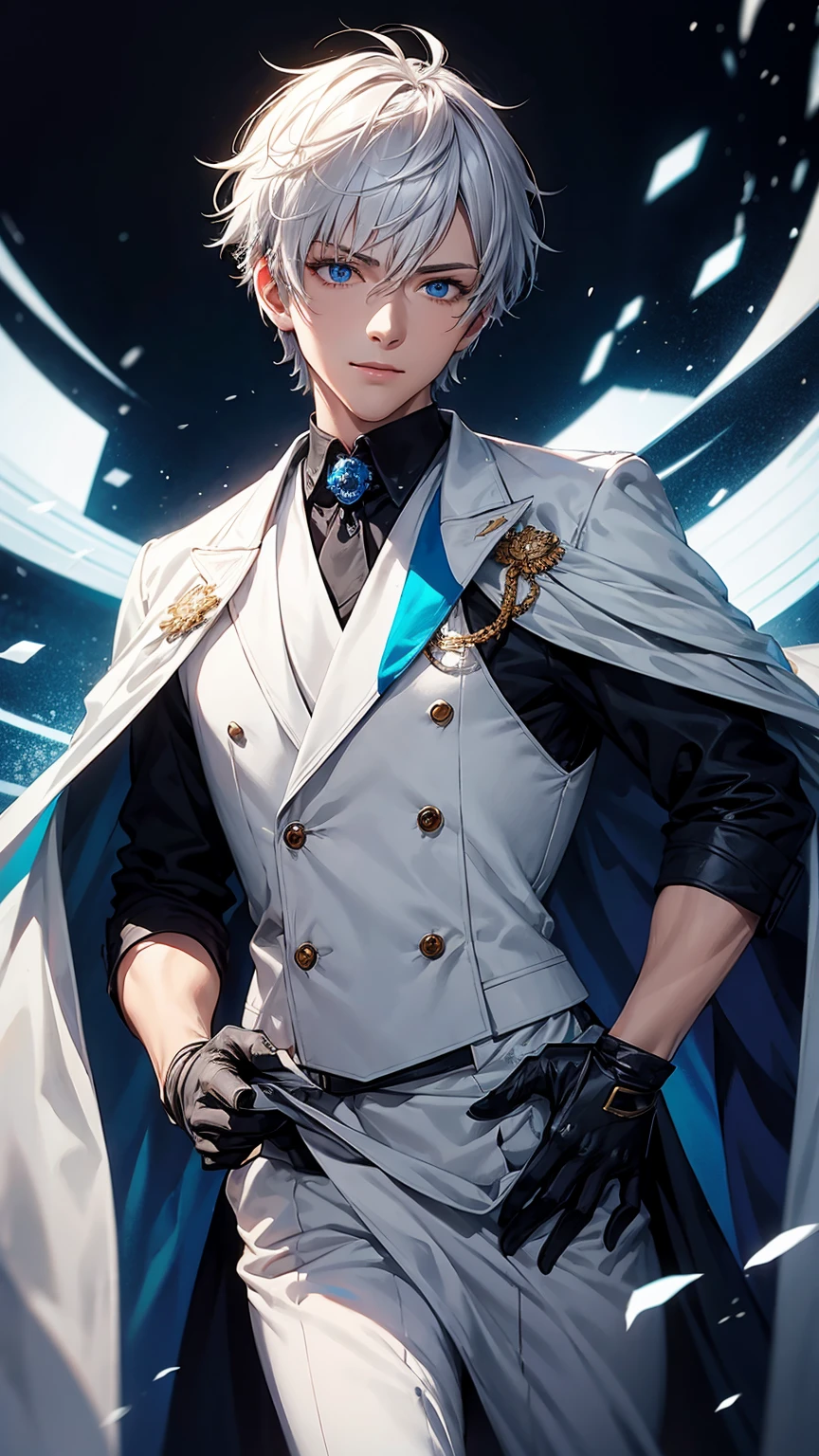 ung man,solo, male photo,look at viewer,confident smile, silver hair, ((short hair)), (short sideburns),light blue eyes, slant eyes,anatomically correct,blue ribbon tie,((black gloves)),((white cloak)),black suit,beautiful japanese style background,best quality, high quality,masterpiece, 8K 