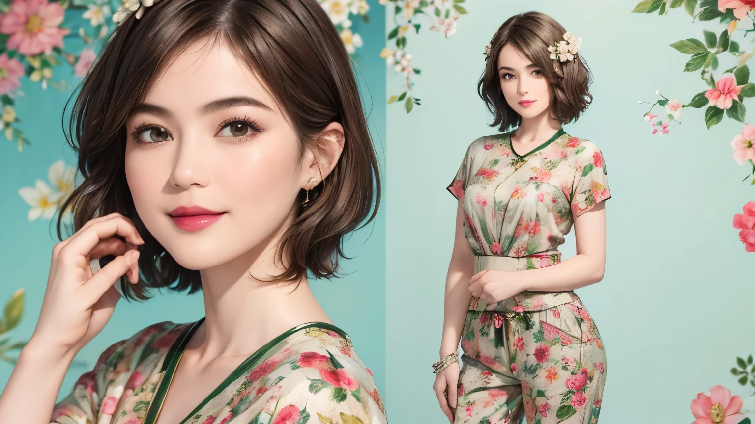 149
(20 year old woman,floral print outfit,pants), (Super realistic), (high resolution), ((beautiful hairstyle 46)), ((short hair:1.46)), (gentle smile), (brest:1.1), (lipstick)
