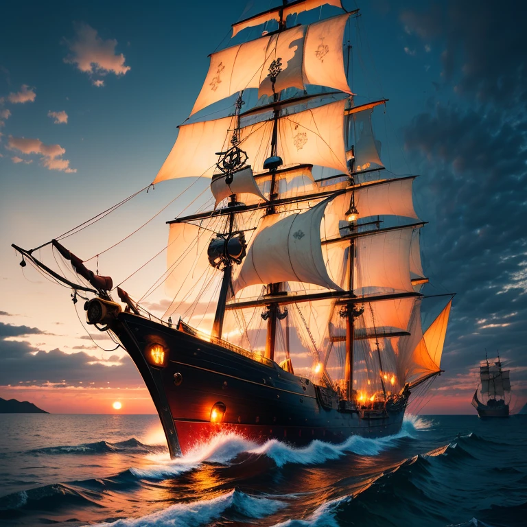Pirate ship sailing at dusk