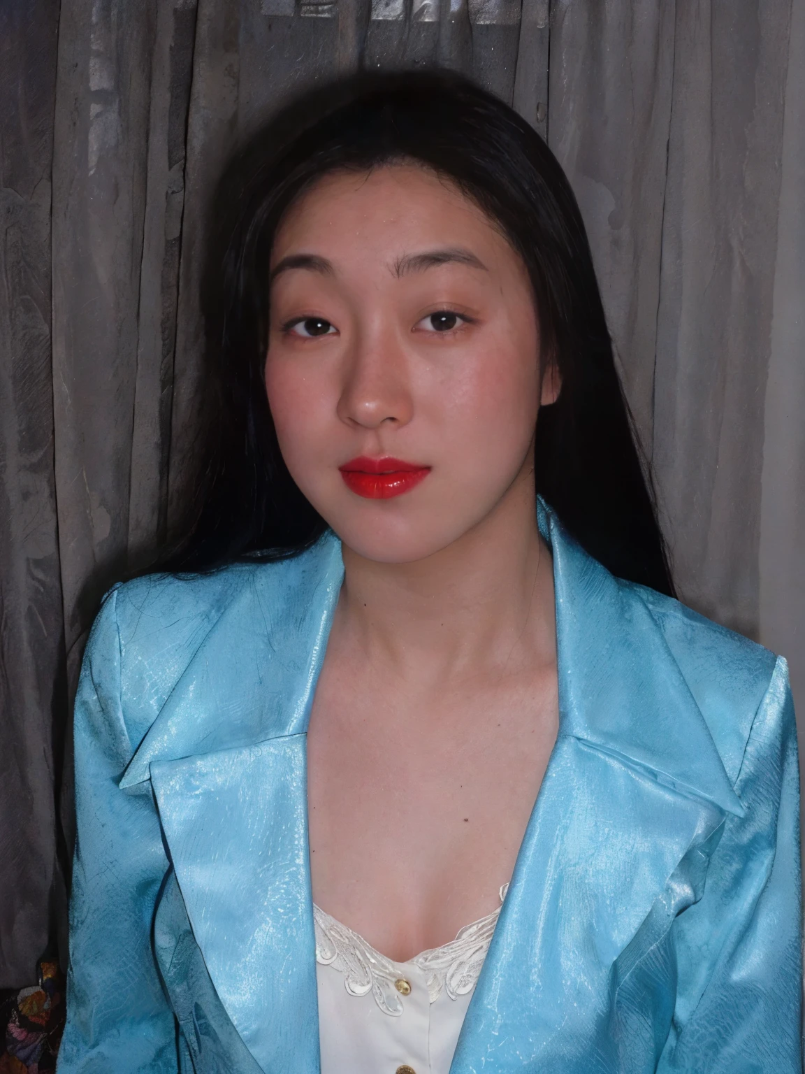There's a woman wearing a blue jacket and red lipstick, an asian women, in a blue qipao, akiko takase, Wearing Blue Cheongsam, Jen Gee, asian women, itsuko azuma, wearing blue jacket, inspired by Ayako Rokkaku, Kazue Kato, Chinese female, asian woman, kiyoko suzuki, asian women