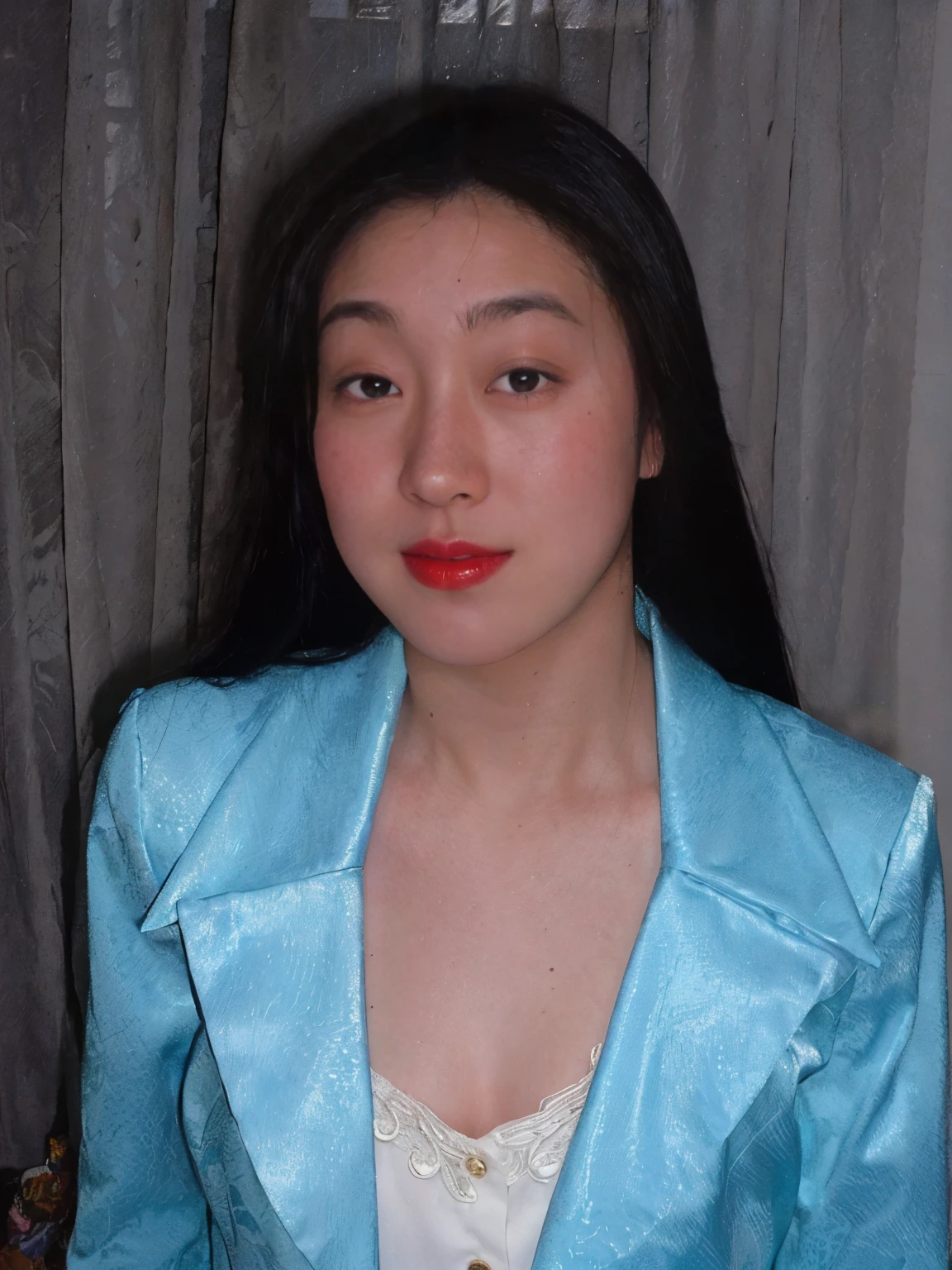 There's a woman wearing a blue jacket and red lipstick, an asian women, in a blue qipao, akiko takase, Wearing Blue Cheongsam, Jen Gee, asian women, itsuko azuma, wearing blue jacket, inspired by Ayako Rokkaku, Kazue Kato, Chinese female, asian woman, kiyoko suzuki, asian women