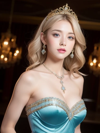 A woman of beauty in a fantastic space, 98k, {{Masterpiece}}, Best quality, High quality:1.4)，{{[[front look}}, eye_contact, a variety of poses)]], very pretty look face, and very pretty eyes, cute images, cute images, {{A half body}}, {{{{{{{{Long legs}}}}}}}}, {{{{slim sexy body}}}}, {{{{{{Tall woman}}}}}}, {{177 cm tall}}, Solo, Beautiful, Lovely, Adorable, Pale skin, look beautiful German girl and blue eyes or green eyes with platinum golden hair color), Nordic German young girl, {{{{{{{{{{half girl}}}}}}}}}}, {{{{{{{{{{High_Heels}}}}}}}}}}, Wavy hair, strapless Cinderella dress, earrings, princess, cleavages, necklace, large breasts, large lips, makeup, blush, castle hall, thick black eyebrows, tiara, flowers