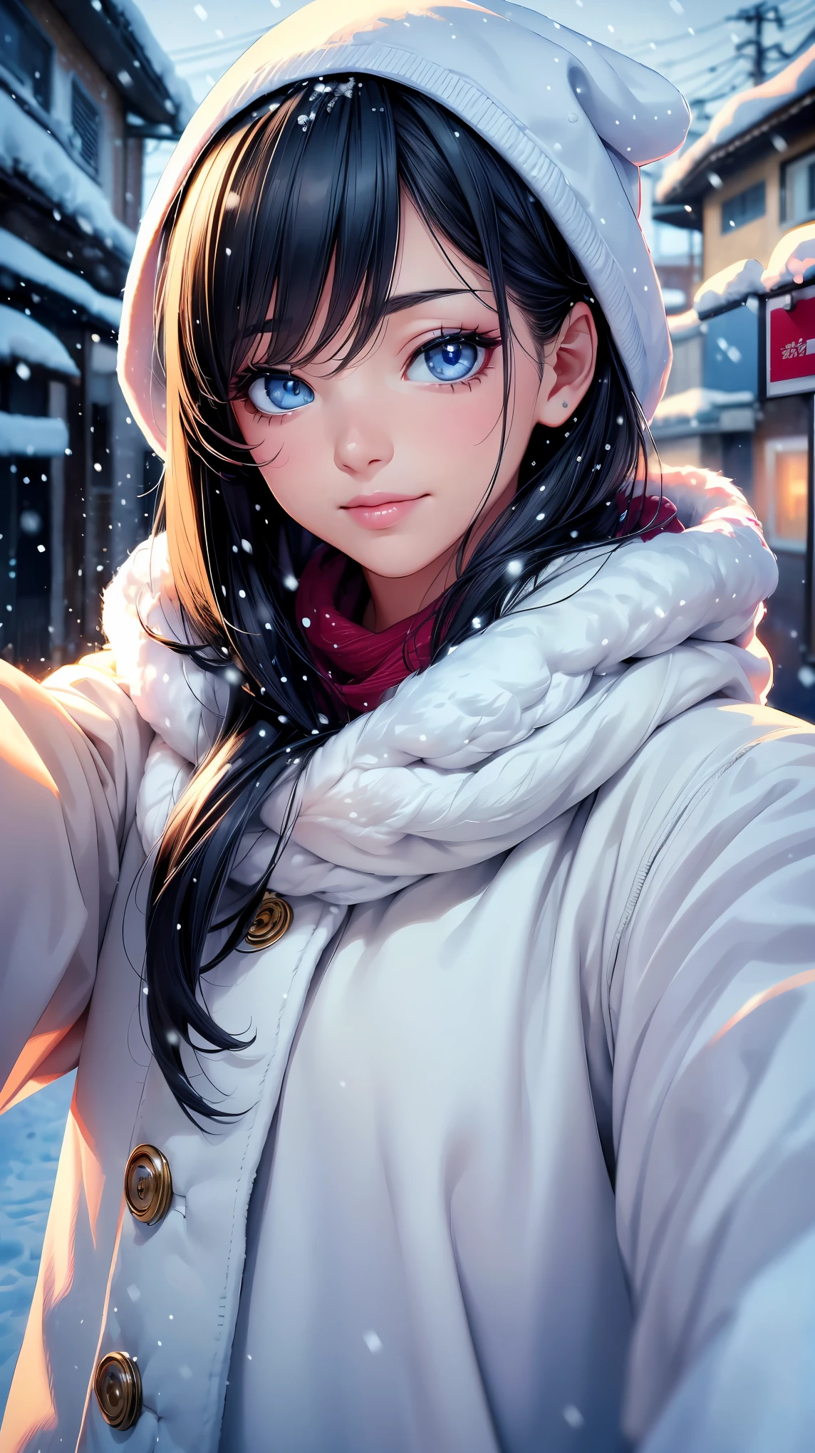 (8K, RAW photo, 最high quality, masterpiece:1.2), High-definition RAW color photo, Professional photo shoot, cinematic light, (((young woman, gal))), (Sharp features), (Big eyes), (small face), (high detail skin: 1.2), cute face, beautiful appearance, long eyelashes, (rainbow hair), (slim body:1.5), very detailed顔と肌の質感, detailed eyes, natural makeup, white coat, A woman whose mouth is hidden by a fluffy white scarf, hold the muffler with your hand, cold air feeling, ((Upper body portrait)), smile, staring eyes, beautiful skin, shiny skin, (((Selfie with snowy background:1.2, It&#39;s snowing))), perfect fingers, five fingers, anatomically correct, winter background, background bokeh, high quality, surreal, bright colors, ((very detailed, photo shoot)),