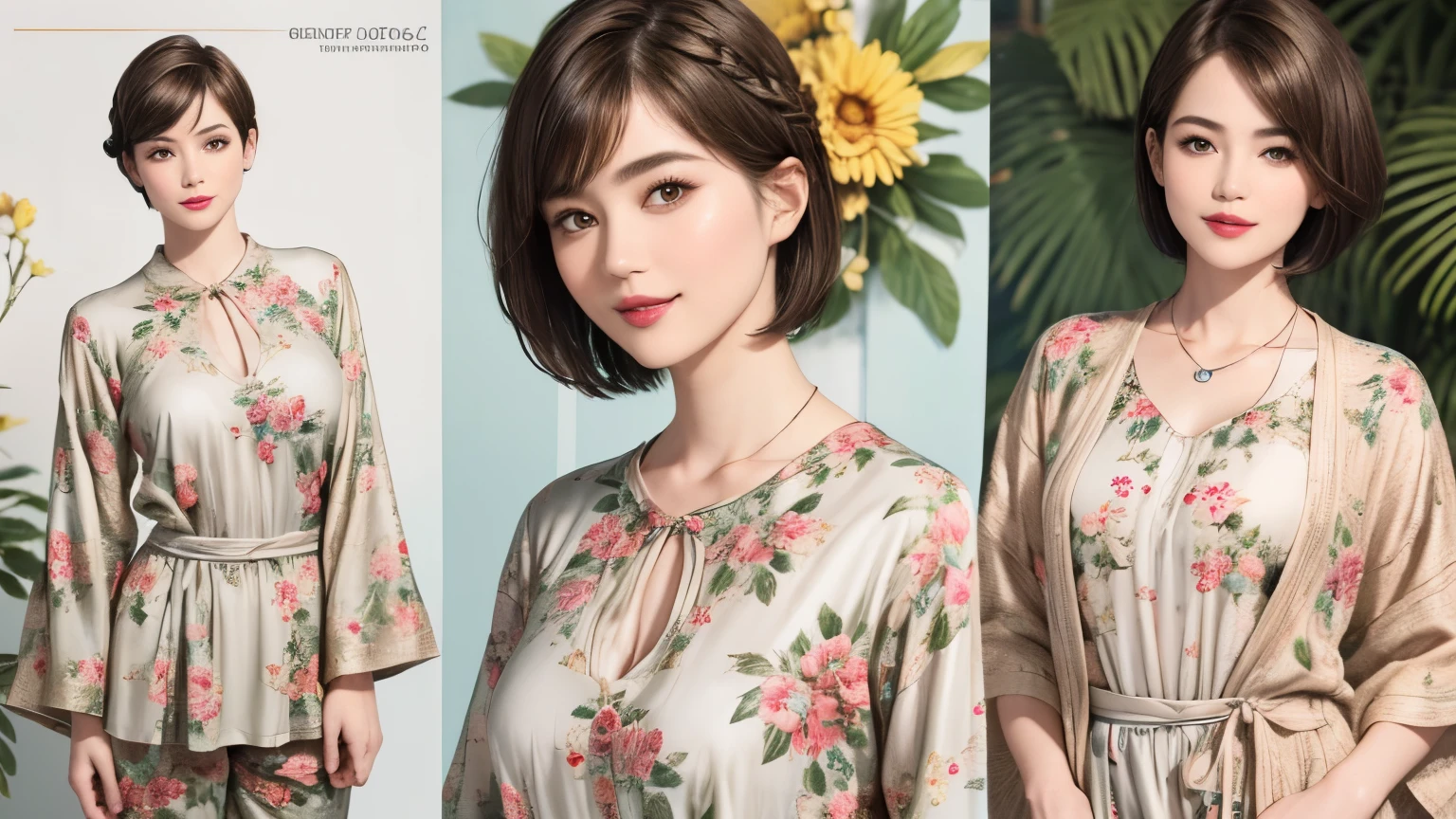 149
(20 year old woman,floral print outfit,pants), (Super realistic), (high resolution), ((beautiful hairstyle 46)), ((short hair:1.46)), (gentle smile), (brest:1.1), (lipstick)