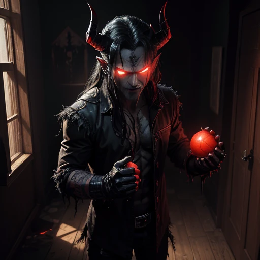 A demon , with glowing red eyes and razor-sharp fangs, clad in tattered black clothing, stands defiantly in the dimly lit room. His horns curl menacingly above his forehead, and his clawed hands are balled into fierce fists. Despite his sinister appearance, a mischievous gleam dances within his eyes as he contemplates his next prank. The shadows around him seem to pulse with a malevolent energy, and the once pristine walls bear the scars of his unruly antics. The room, filled with the acrid smell of sulfur, is a clear indication that this is no ordinary .
