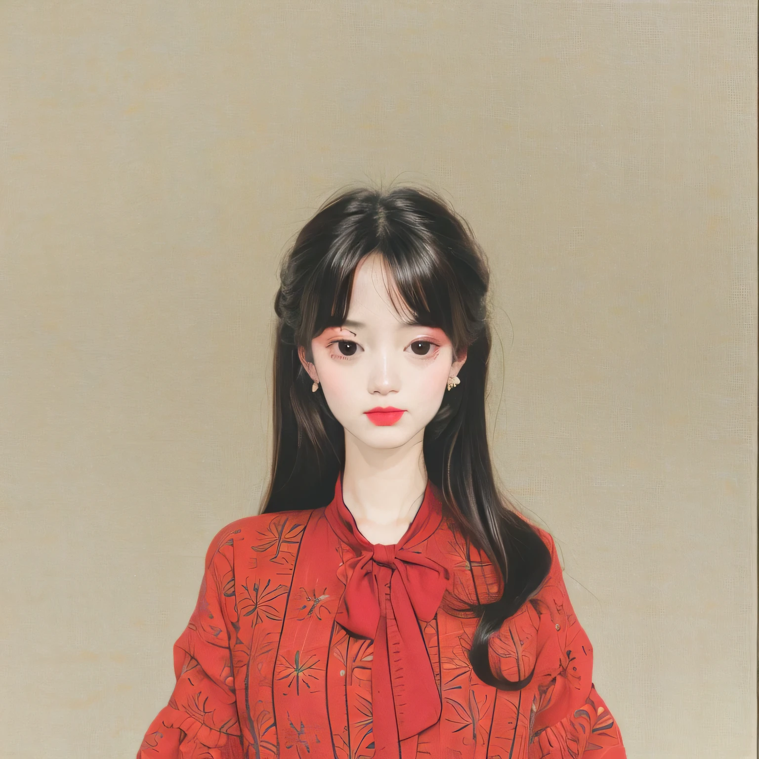 a young woman in a red patterned shirt with bow