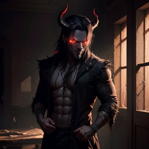 A demon , with glowing red eyes and razor-sharp fangs, clad in tattered black clothing, stands defiantly in the dimly lit room. His horns curl menacingly above his forehead, and his clawed hands are balled into fierce fists. Despite his sinister appearance, a mischievous gleam dances within his eyes as he contemplates his next prank. The shadows around him seem to pulse with a malevolent energy, and the once pristine walls bear the scars of his unruly antics. The room, filled with the acrid smell of sulfur, is a clear indication that this is no ordinary .