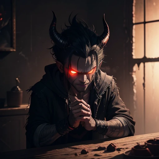 A demon , with glowing red eyes and razor-sharp fangs, clad in tattered black clothing, stands defiantly in the dimly lit room. His horns curl menacingly above his forehead, and his clawed hands are balled into fierce fists. Despite his sinister appearance, a mischievous gleam dances within his eyes as he contemplates his next prank. The shadows around him seem to pulse with a malevolent energy, and the once pristine walls bear the scars of his unruly antics. The room, filled with the acrid smell of sulfur, is a clear indication that this is no ordinary .
