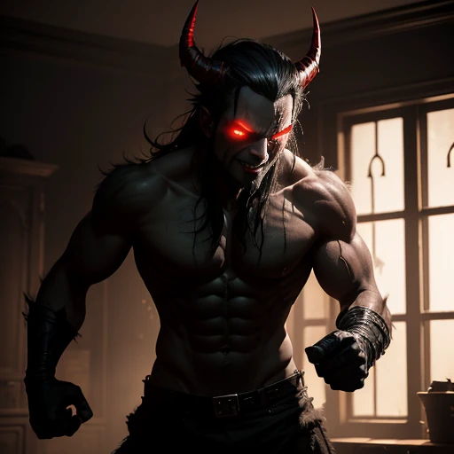 A demon , with glowing red eyes and razor-sharp fangs, clad in tattered black clothing, stands defiantly in the dimly lit room. His horns curl menacingly above his forehead, and his clawed hands are balled into fierce fists. Despite his sinister appearance, a mischievous gleam dances within his eyes as he contemplates his next prank. The shadows around him seem to pulse with a malevolent energy, and the once pristine walls bear the scars of his unruly antics. The room, filled with the acrid smell of sulfur, is a clear indication that this is no ordinary .