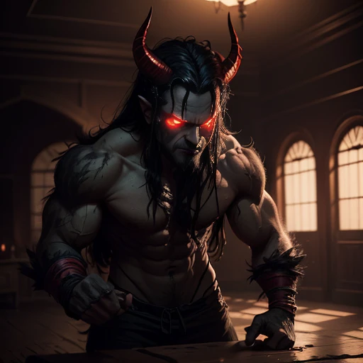 A demon , with glowing red eyes and razor-sharp fangs, clad in tattered black clothing, stands defiantly in the dimly lit room. His horns curl menacingly above his forehead, and his clawed hands are balled into fierce fists. Despite his sinister appearance, a mischievous gleam dances within his eyes as he contemplates his next prank. The shadows around him seem to pulse with a malevolent energy, and the once pristine walls bear the scars of his unruly antics. The room, filled with the acrid smell of sulfur, is a clear indication that this is no ordinary .